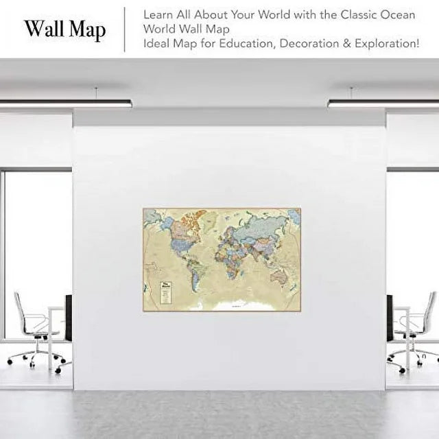 Waypoint Geographic Wall Map of The World with Classic Ocean - Poster Size Wall Art (24" x 36") - Current Up to Date Geography, Ships Rolled and Laminated