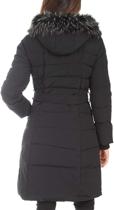 kensie Women's 44" Luxe Fur Hooded Quilted Non-Down Long Puffer, Black, Large