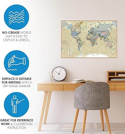 Waypoint Geographic Boardroom Series World Wall Map, Antique-Style Laminated World Map Poster, Educational Wall Art For Home, Classroom, or Office, Unique Gifts, 24” x 36”