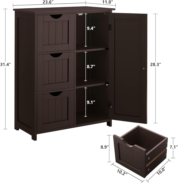 Iwell Bathroom Floor Cabinet, Linen Storage Cabinet with Glass Doors, Bathroom Cabinet with Adjustable Shelves for Bathroom, Living Room, Home Office, Brown
