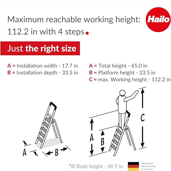 Hailo L100 TopLine | Aluminum folding stepladder | Four steps | Extendable safety rail | Integrated multifunctional storage tray | Folding safety mechanism with platform locking | Item holding options