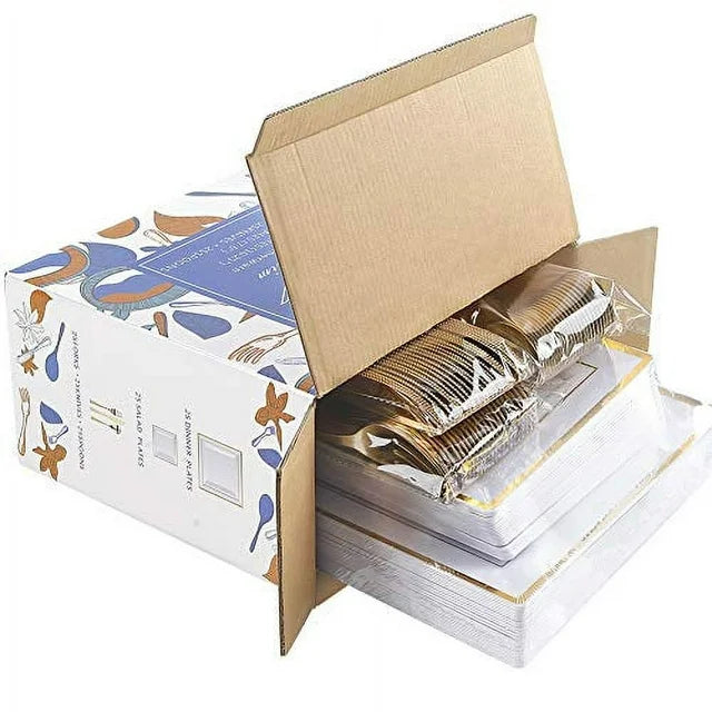 WDF 125pcs Gold Plastic Plates with Disposable Plastic Silverware- Gold Rim Square Plastic Dinnerware include 25 Dinner Plates,25 Salad Plates,25 Forks, 25 Knives,25 Spoons, Thanksgiving Plates