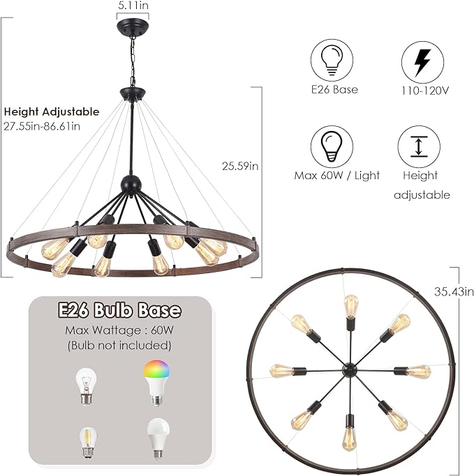 LWYTJO 8-Lights Wagon Wheel Chandeliers for Living Room Diam 35.43'', Farmhouse Round Retro Metal Ceiling Pendant Light Fixture for Dining Room Entryway Foyer Kitchen, Vintage Wood Grain Finishe