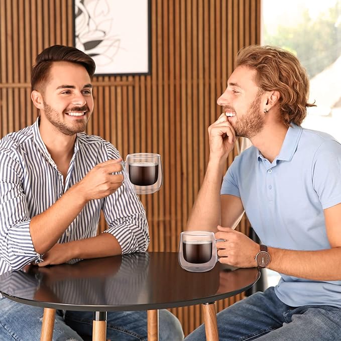 Sunnyray 8 Pack Double Walled Glass Coffee Mugs 10oz Insulated Cappuccino Glasses Mugs with Handle Clear Glass Coffee Cups Bistro Travel Camping for Tea Latte Beverage Shots Glasses Heat Resistant