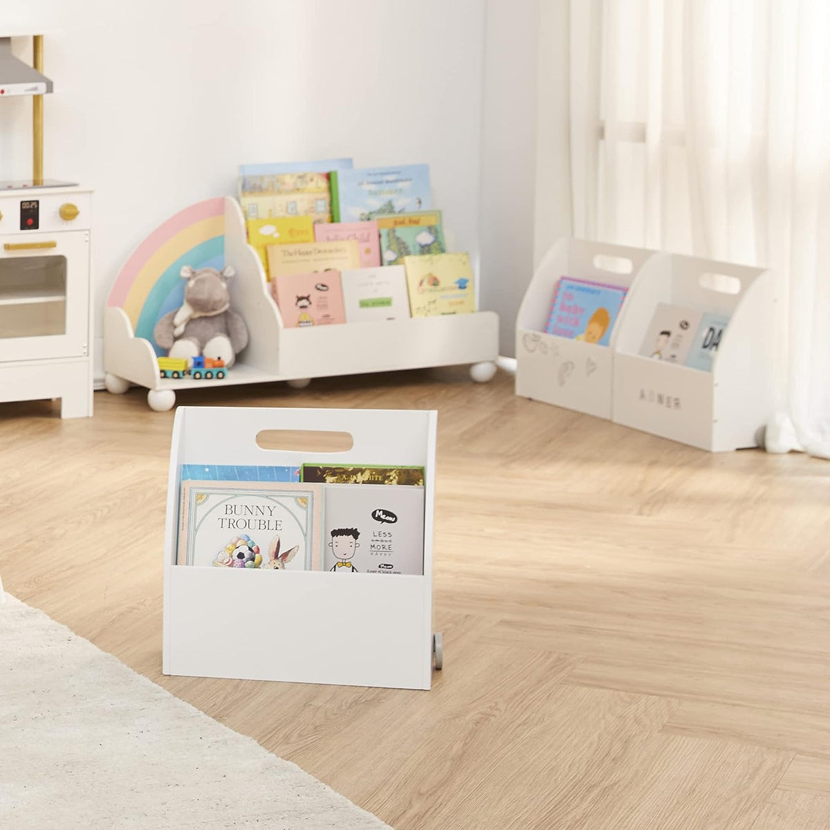 Fantasy Fields, White Set of 3 Mobile Handheld Bookcase Storage Organizers with Magnetic Dry Erase Whiteboard and Wheels