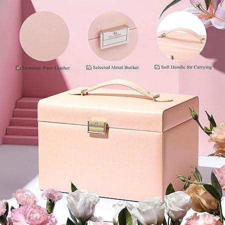 Vlando Mirrored Jewelry Box Organizer, Leather Jewelry Storage Case, Necklaces Earrings Rings Brackets Box Holder, Pink