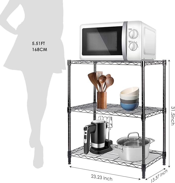 LEHOM 3-Tier Metal Storage Shelves 23.23" L×13.39" W×31.5" H Wire Shelving Unit Storage with Adjustable Leveling Feet for Laundry Bathroom Kitchen,Steel Organizer Wire Rack 180 LBS Capacity