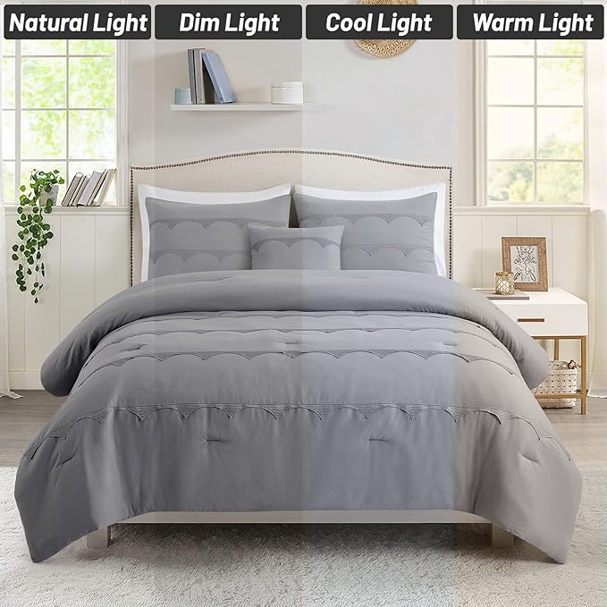 Home Bedding Comforter Set Queen - 4 Piece Farmhouse Comforter Set (Comforter with 2 Pillow Shams and 1 Pillow Cover) Modern Comforter Bedding for Bed Bedroom (Grey, Queen)