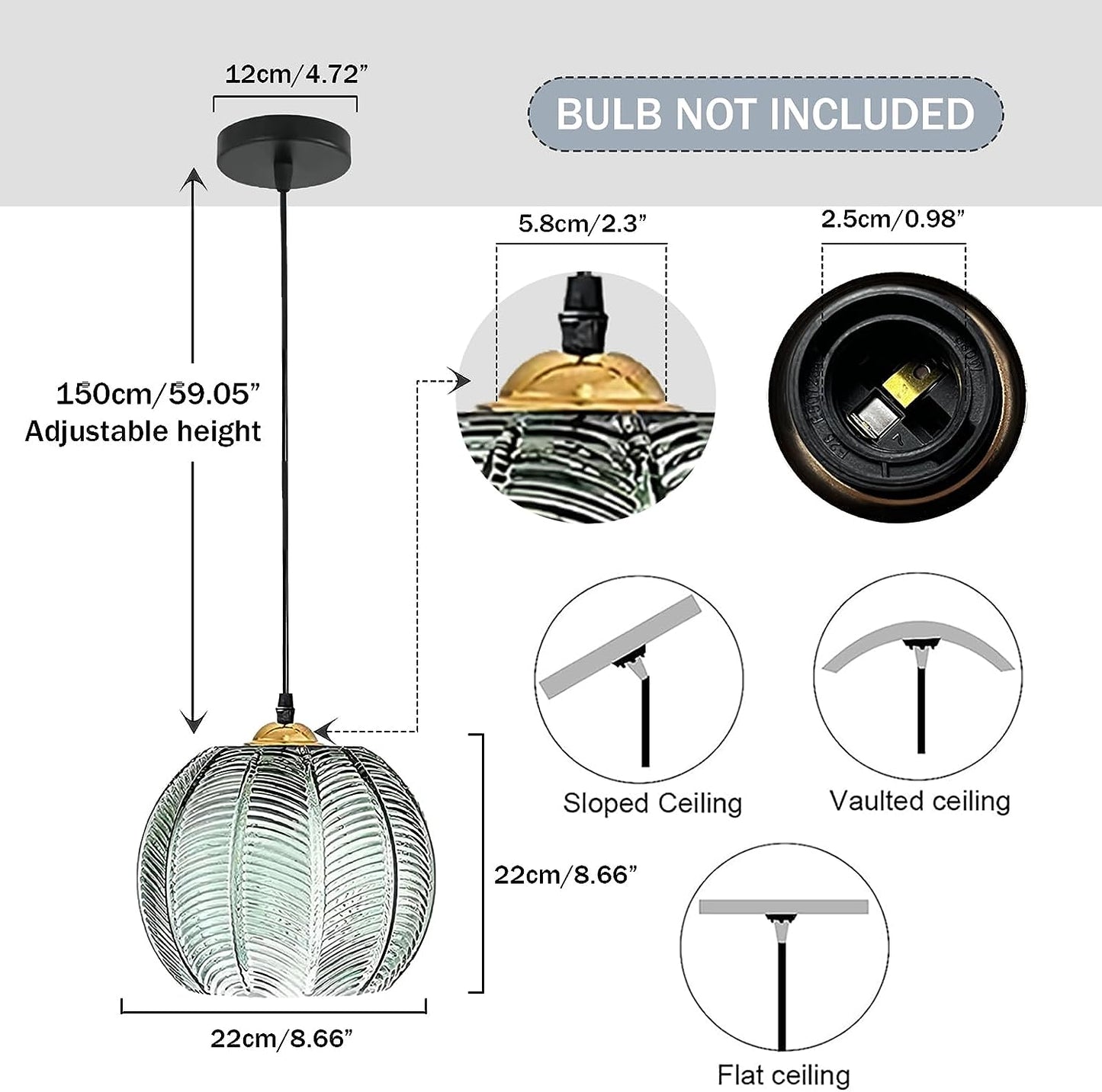 Bepuzz Modern Glass Pendant Lights Chandelier Green Pumpkin Design with Ribbed Glass Shade Adjustable Cord Ceiling Pendant Light Fixture for Bedroom Living Room Kitchen Sink (8.6")