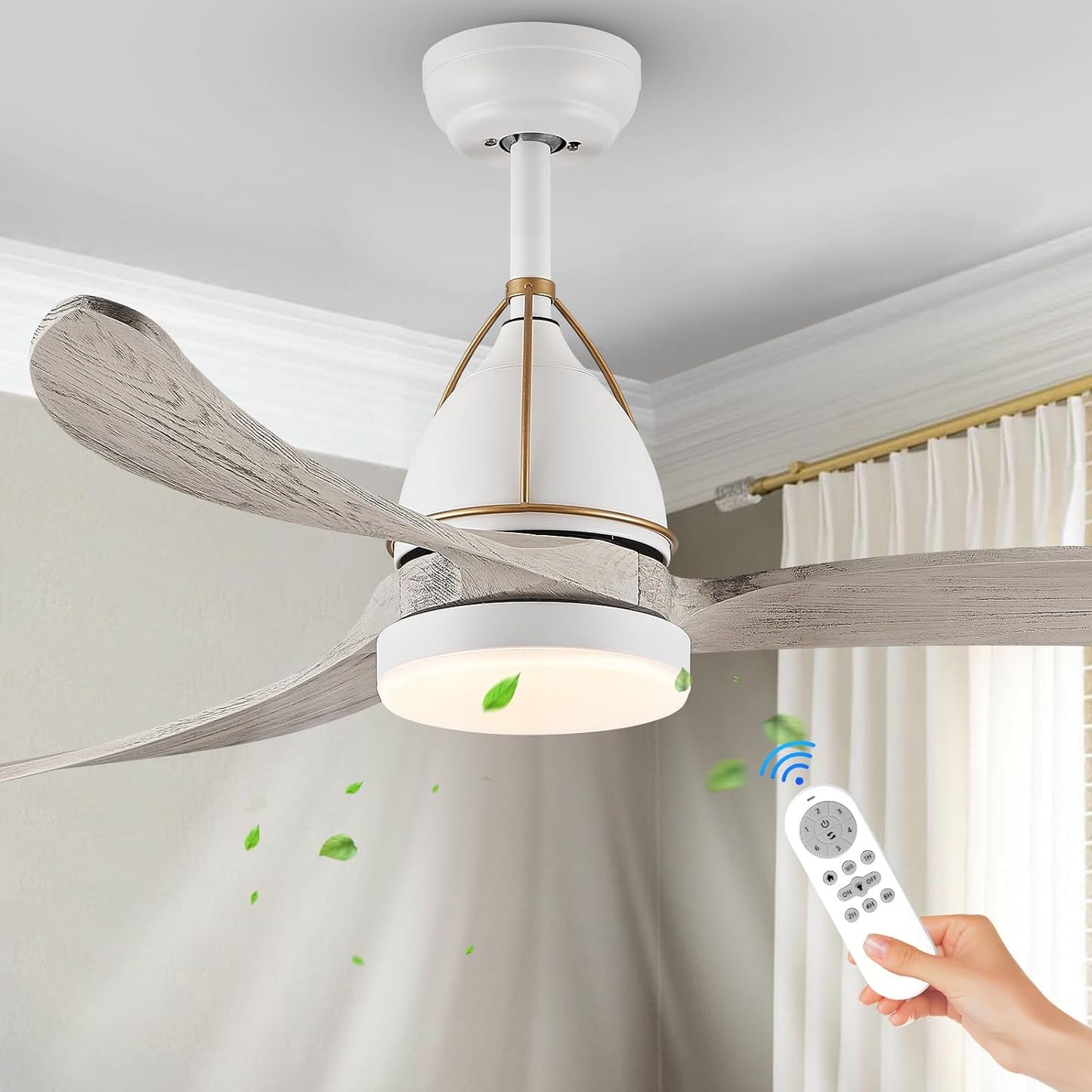 FookChak Modern Bedroom Ceiling Fan with Lights Remote Control 52” Outdoor Ceiling Fan Light with 3 Blades for Balcony Porch Dining Living Room Natural Wood Brushed Nickle