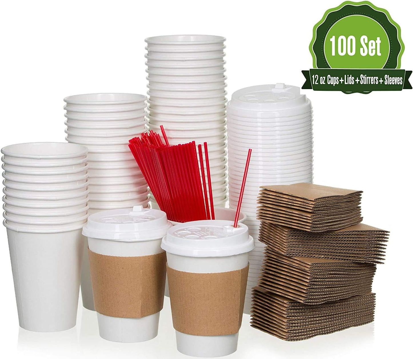 Perfectware Coffee Drinking Set, 100 12oz Single Wall Paper Cups, 100 White Lids, 100 Coffee Sleeves, 100 6" Wooden Upscale Stirrers, 400ct, One Size