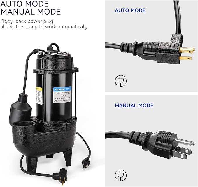 Acquaer 1/2HP Submersible Sewage/Effluent Pump, 6000 GPH, Cast Iron, Automatic Tethered Float Switch, 115V Sump Pump for Septic Tank, Residential Sewage, Basement, 2'' NPT Discharge