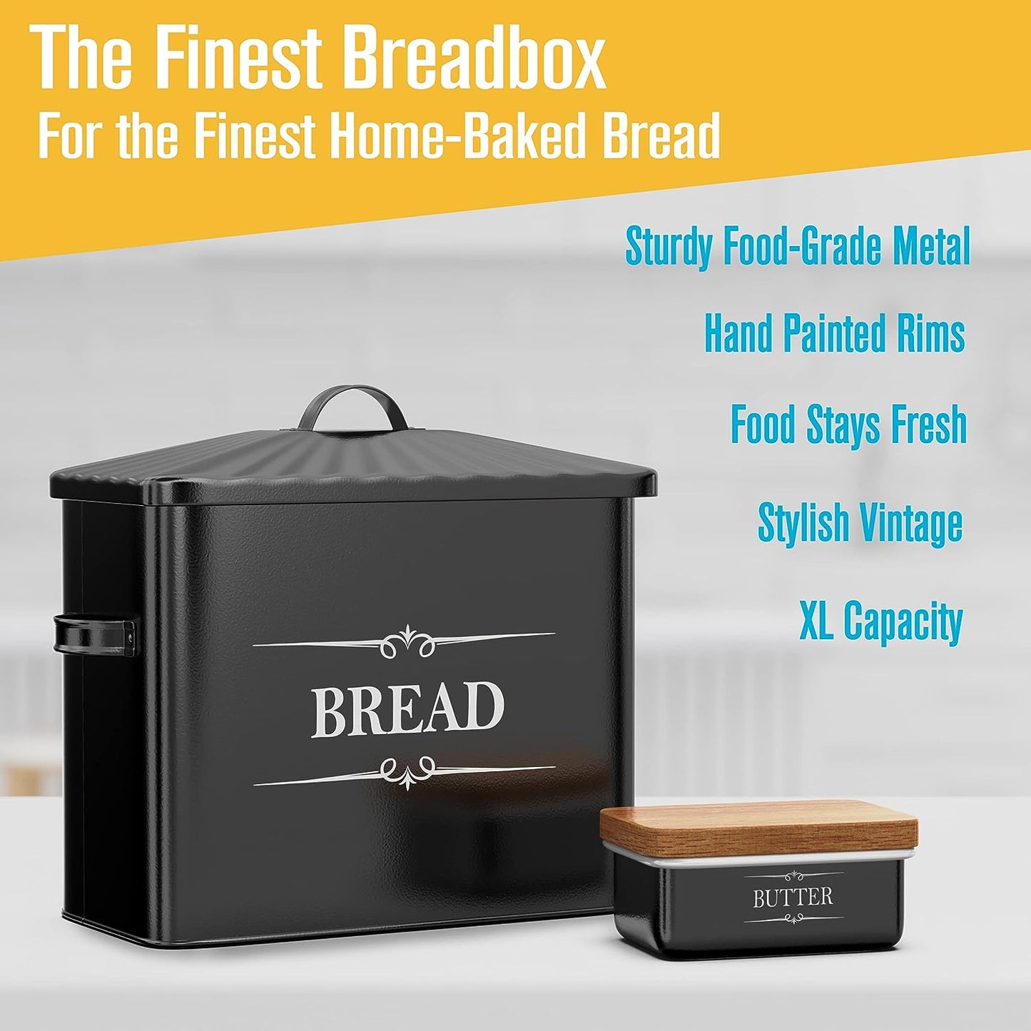 Bread Box & Butter Dish, Breadbox Storage Container, Loaf Holder, Kitchen Counter Bin, 15.25” x 12.5” x 7”, Black, Extra Large, Metal, Enamel, Farmhouse, Big Vintage Breadboxes With Lid, Fresh Keeper
