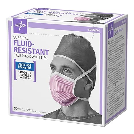 Medline NON27712 Surgical Face Masks, Fluid-Resistant, Cellulose, Anti-Fog, Latex Free, Purple and White (Pack of 300)