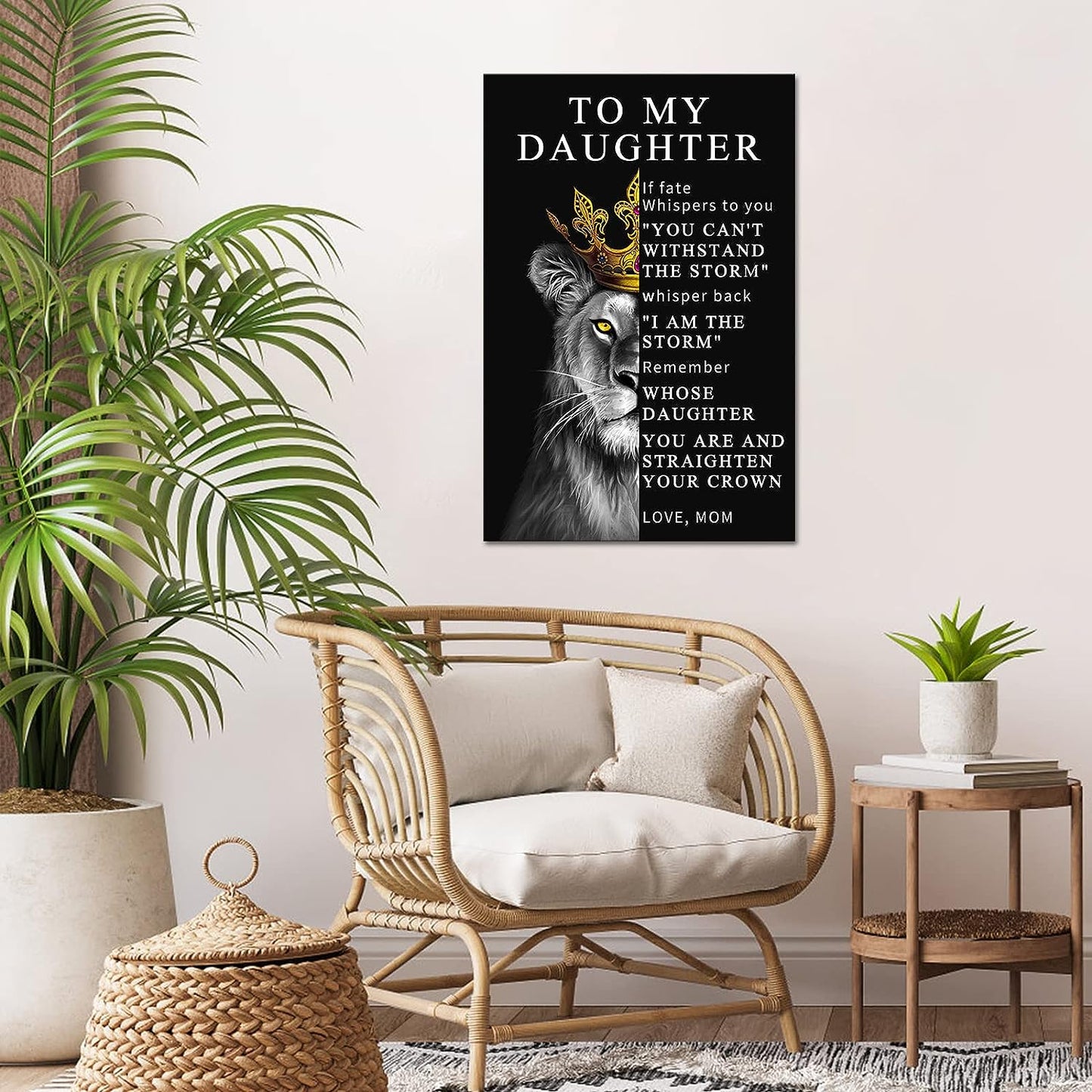 DuoBaorom To My Daughter Lion Canvas Wall Art Lion King with Crown Motivation Quotes Black and White Artwork for Home Bedroom Decor Stretched and Framed Ready to Hang 24x36inch