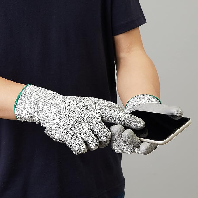 Amazon Basics Cut Resistant Work Gloves, Cut Level A2, Polyurethane Coated Gloves, Touch Screen, Salt and Pepper, Size 7, S, 2-Pair