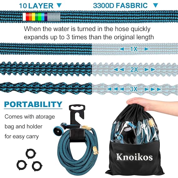 Knoikos Expandable Garden Hose 100ft - Expanding Water Hose with 10 Function Nozzle, Easy Storage Garden Water Hose