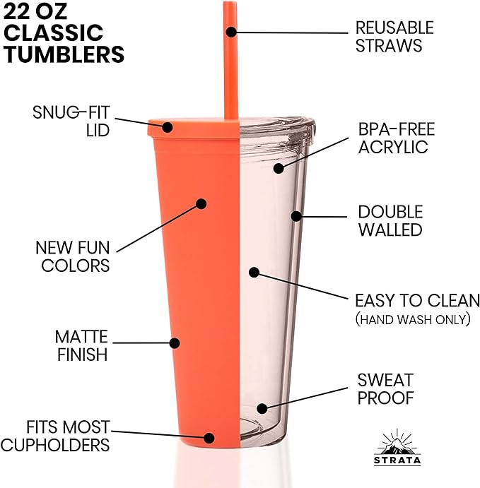 STRATA CUPS Classic Coral Tumblers with Lids and Straws (8 pack) - 22oz Matte Pastel Colored Acrylic Tumblers with Lids and Straws, Double Wall Tumbler Bulk, Reusable Cup with Straw Cleaner