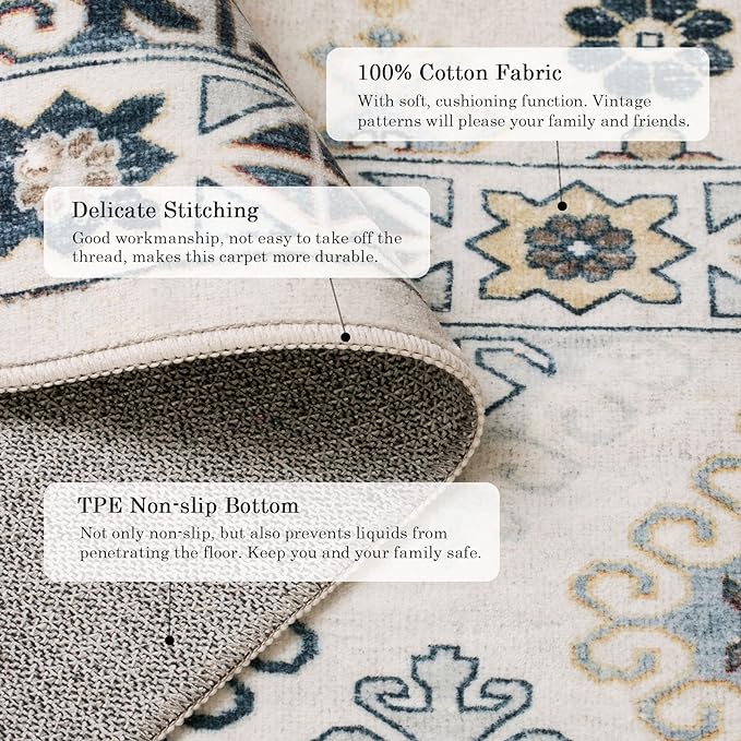 Aelenmu Area Rug Living Room Rugs: 9x12 Washable Non-Slip Stain Resistant Rug with Anti Slip Rubber Backing for Bedroom Dining Room Nursery Under Kitchen Table Home Office - Cream Ivory