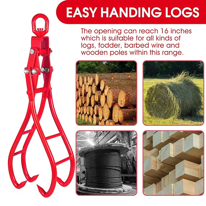 Timber Claw Hook, 32IN Log Tongs, 4 Claw Log Lifting Tongs Timber Claw Hook, Eagle Claws Design Log Lifting Tongs Log Grabs (4 Claw RED 32IN)
