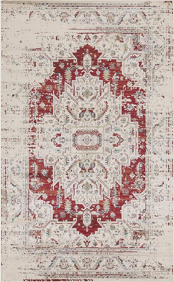 SUPERIOR Indoor Large Area Rug, Modern Farmhouse Medallion Decor for Living/Dining Room, Office, Bedroom, Entryway, Kitchen, Home Floor Throw, Jute Backed Rugs, Marquis Collection, 8' x 10', Red