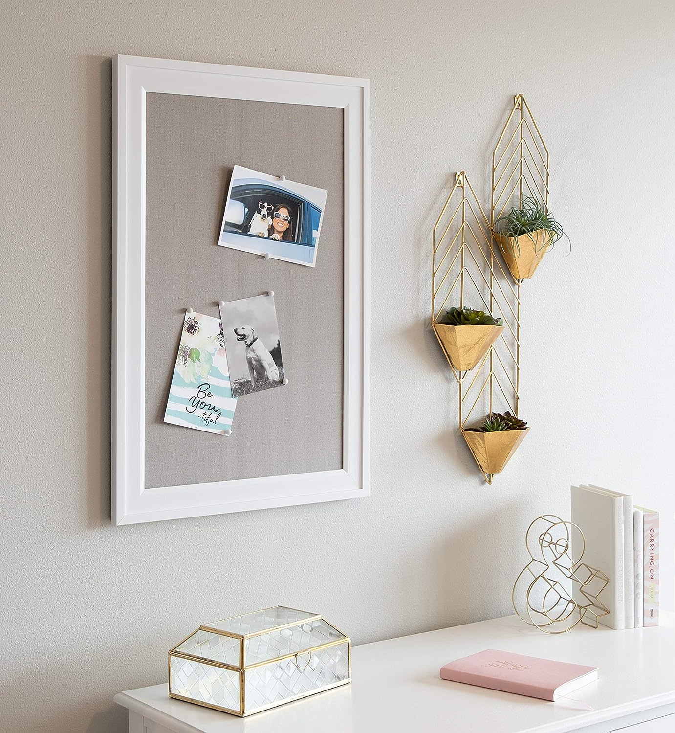 DesignOvation Bosc Framed Gray Linen Fabric Pinboard, 18.5x27.5, White