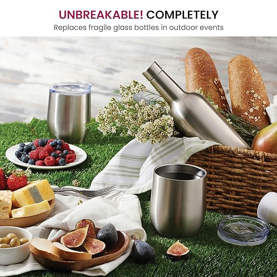 Wine Chiller Gift Set - Vacuum-Insulated Wine Bottle 750ml & Two Wine Tumbler With Lids 16 oz. Made of Shatterproof 18/8 Stainless Steel & BPA-FREE Lids, Perfect Wineglasses for Travel, Picnic, Etc.