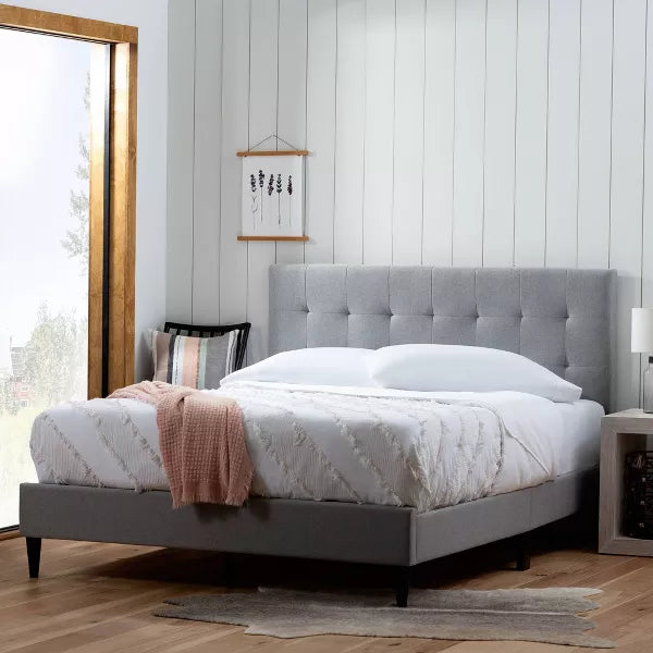 California King Tara Upholstered Platform Bed Frame with Square Tufted Headboard Charcoal - Brookside Home
