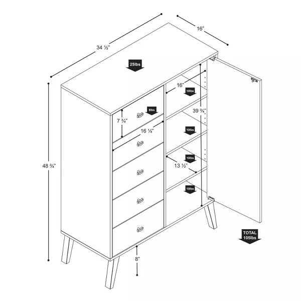 Milo Mid-Century Modern 5 Drawer Chest with Door - Prepac
