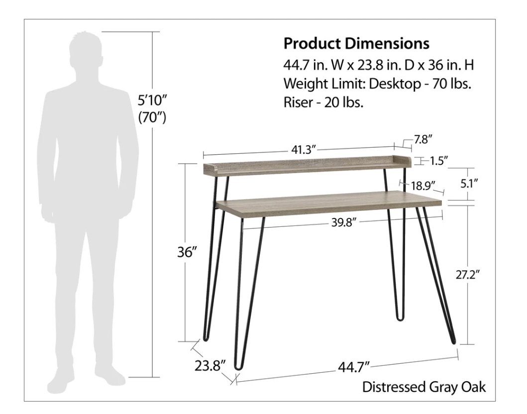 Ameriwood Haven Retro Computer Desk with Riser, Distressed Gray Oak