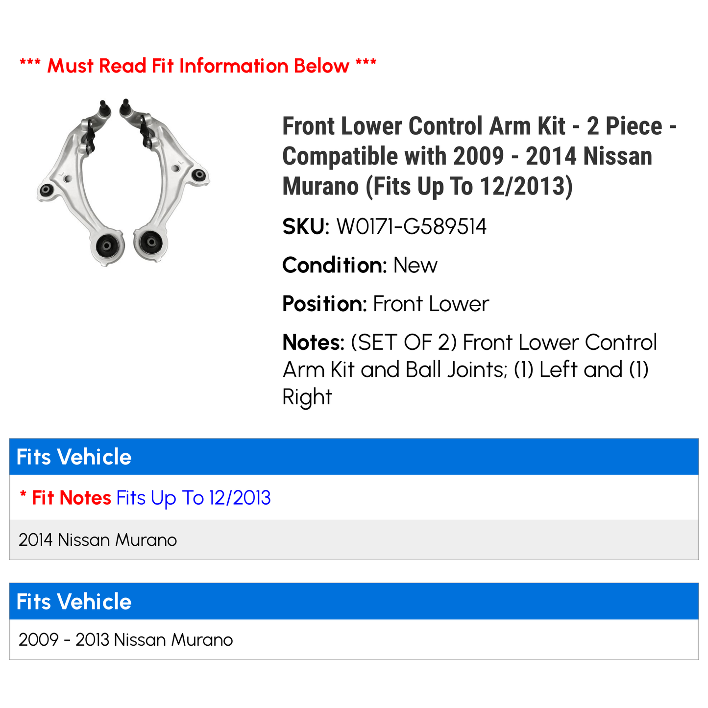 2PCS for Nissan Murano 2009-2014 V6 3.5L Front Lower Control Arm + Ball Joint - Driver & Passenger Side Suspension Kit RK622157 RK622158