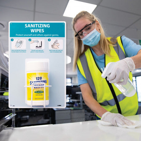 NMC SB06 SANITIZING Wipes Station (Instructional), 18 X 12 Rigid Plastic with ONE Wire Bottle Rack