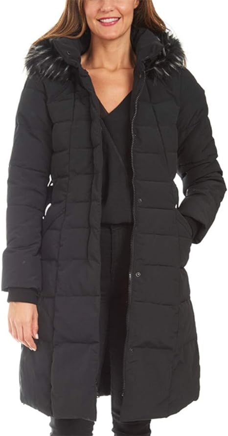 kensie Women's 44" Luxe Fur Hooded Quilted Non-Down Long Puffer, Black, Large