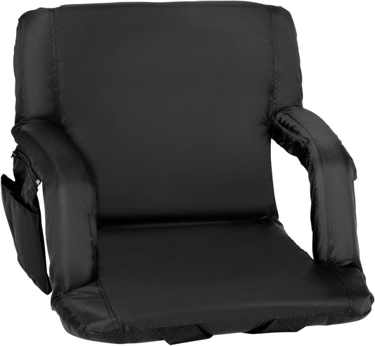 Flash Furniture Malta Portable Lightweight Reclining Stadium Chair - Black Padded Armrests, Back, Seat - Dual Storage Pockets - Backpack Straps - Rear Zipper Pocket