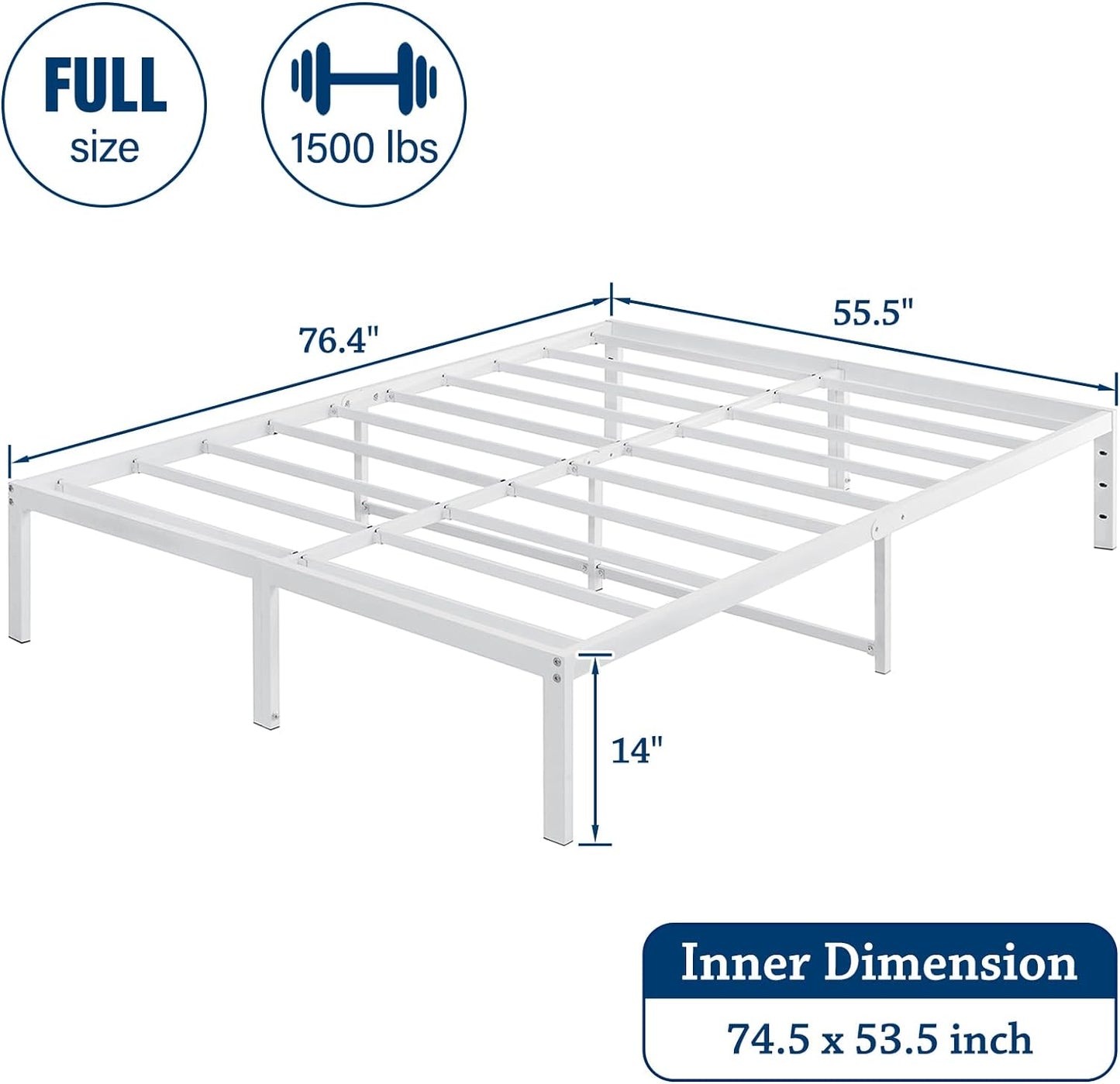 LUSIMO 14 Inch Full Bed Frame with Storage Heavy Duty Tall Metal Platform Bed Frame with Steel Slats No Box Spring Needed Noise Free Anti Slip White