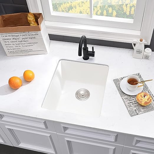 15 Inch Bar Sink Undermount Kitchen Sink - VASOYO 15"x17" Wet Bar Prep Sink White Undermount Kitchen Sink Dual Mount Single Bowl Granite Sink Single Bowl Undermount Bar Sink with Bottom Grid & Drain