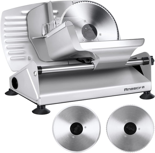 Meat Slicer, Anescra 200W Electric Deli Food Slicer with Two Removable 7.5’’ Stainless Steel Blades and Food Carriage, 0-15mm Adjustable Thickness Meat Slicer for Home, Food Slicer Machine- Silver