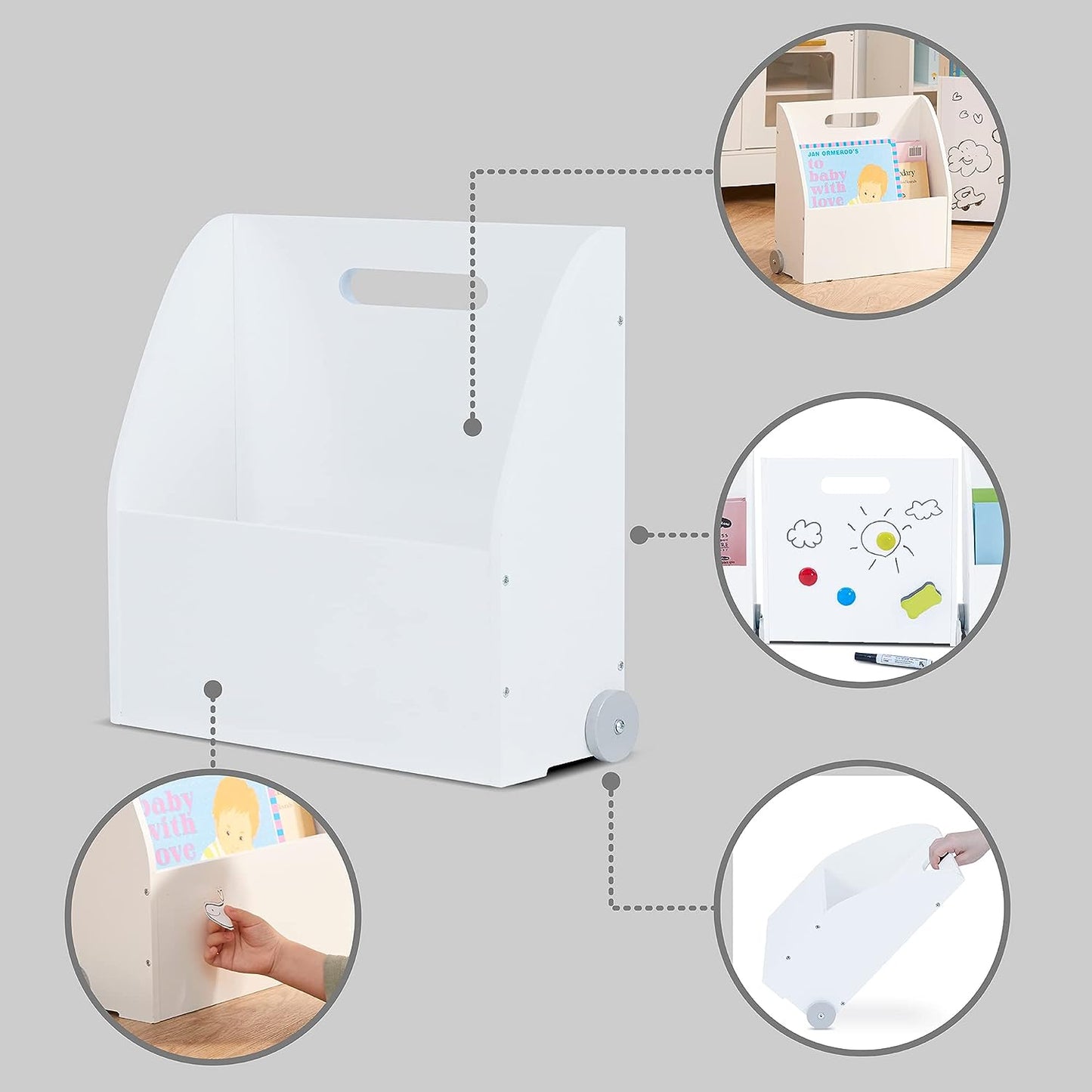 Fantasy Fields, White Set of 3 Mobile Handheld Bookcase Storage Organizers with Magnetic Dry Erase Whiteboard and Wheels