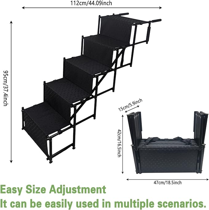 PINVNBY Dog Car Stairs for Large Dog Adjustable Folding Dog Ladder Portable Lightweight 5 Steps Dog Car Stairs with Non-Slip Surface for Cars and SUV, sedans, Jeeps,Trucks, Supports up to 150 lbs