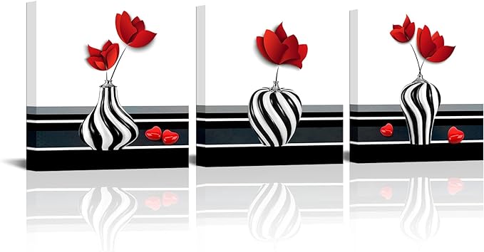 Canvbay 3 Piece Red Flower in Vase Canvas Wall Art Floral in Black and White Vase Picture Painting Print for Bathroom Bedroom Decor Framed Ready to Hang 16x16inchx3pcs (Medium, Red)