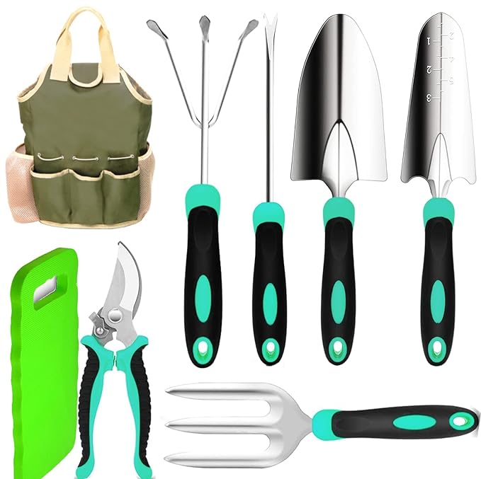 Scuddles Garden Tools Set - 7 Piece Heavy Duty Gardening Tools with Storage Organizer, Ergonomic Hand Digging Weeder, Rake, Shovel, Trowel, for Men & Women