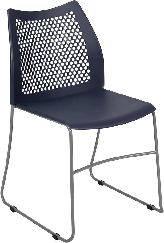 Flash Furniture HERCULES Series 661 lb. Capacity Navy Stack Chair with Air-Vent Back and Gray Powder Coated Sled Base