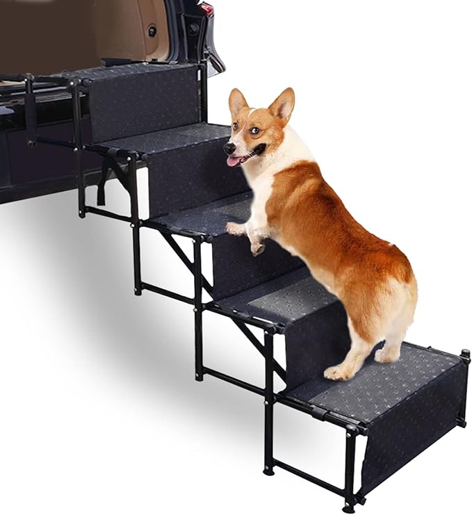 PINVNBY Dog Car Stairs for Large Dog Adjustable Folding Dog Ladder Portable Lightweight 5 Steps Dog Car Stairs with Non-Slip Surface for Cars and SUV, sedans, Jeeps,Trucks, Supports up to 150 lbs