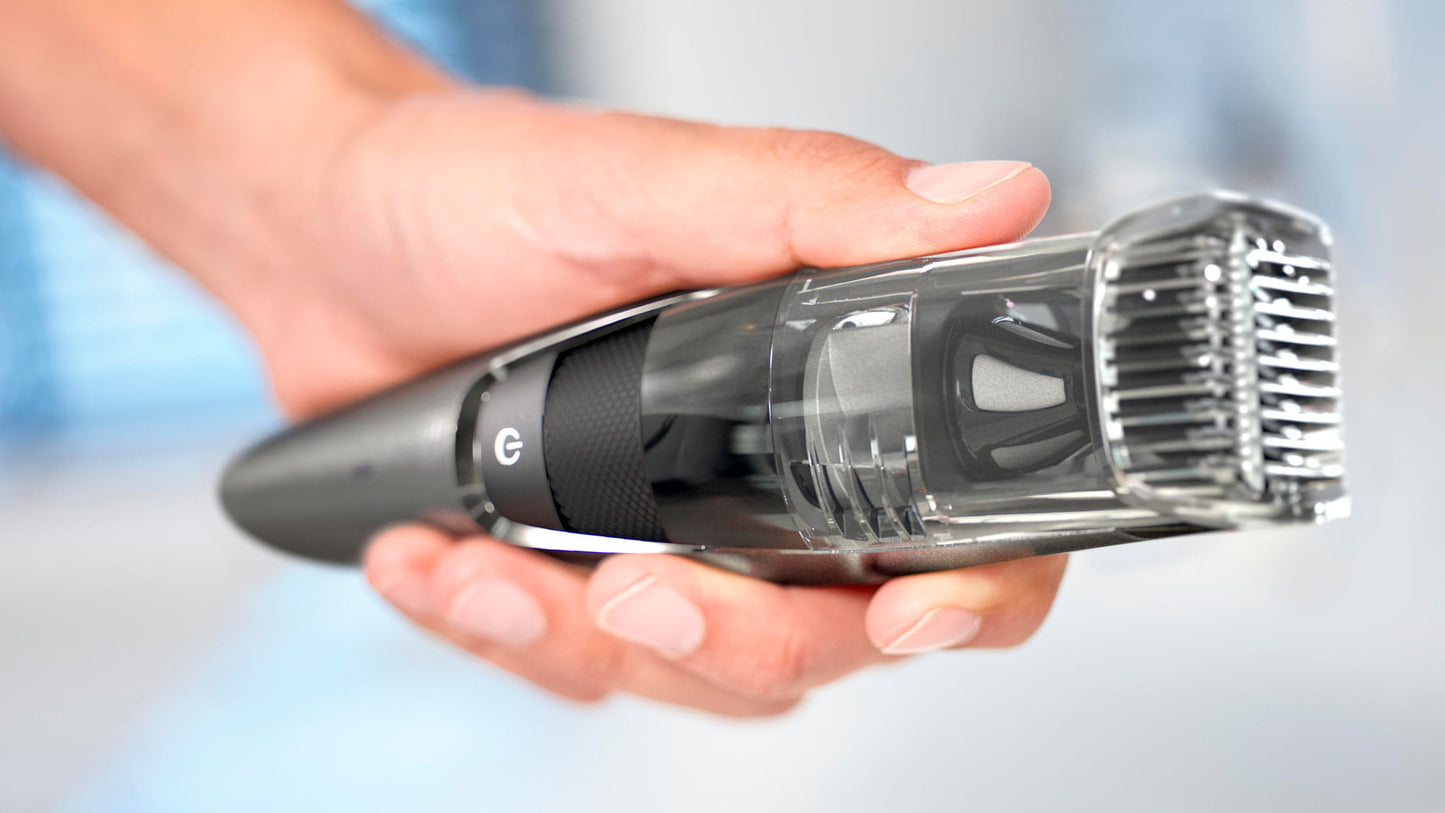 Philips Norelco Beard Trimmer Series 7500, Premium Beard Trimmer with Power Vacuum, Steel Blades, Ergonomic Easy Grip, Cordless, and Washable Features - No Blade Oil Needed - Bt7517/49.