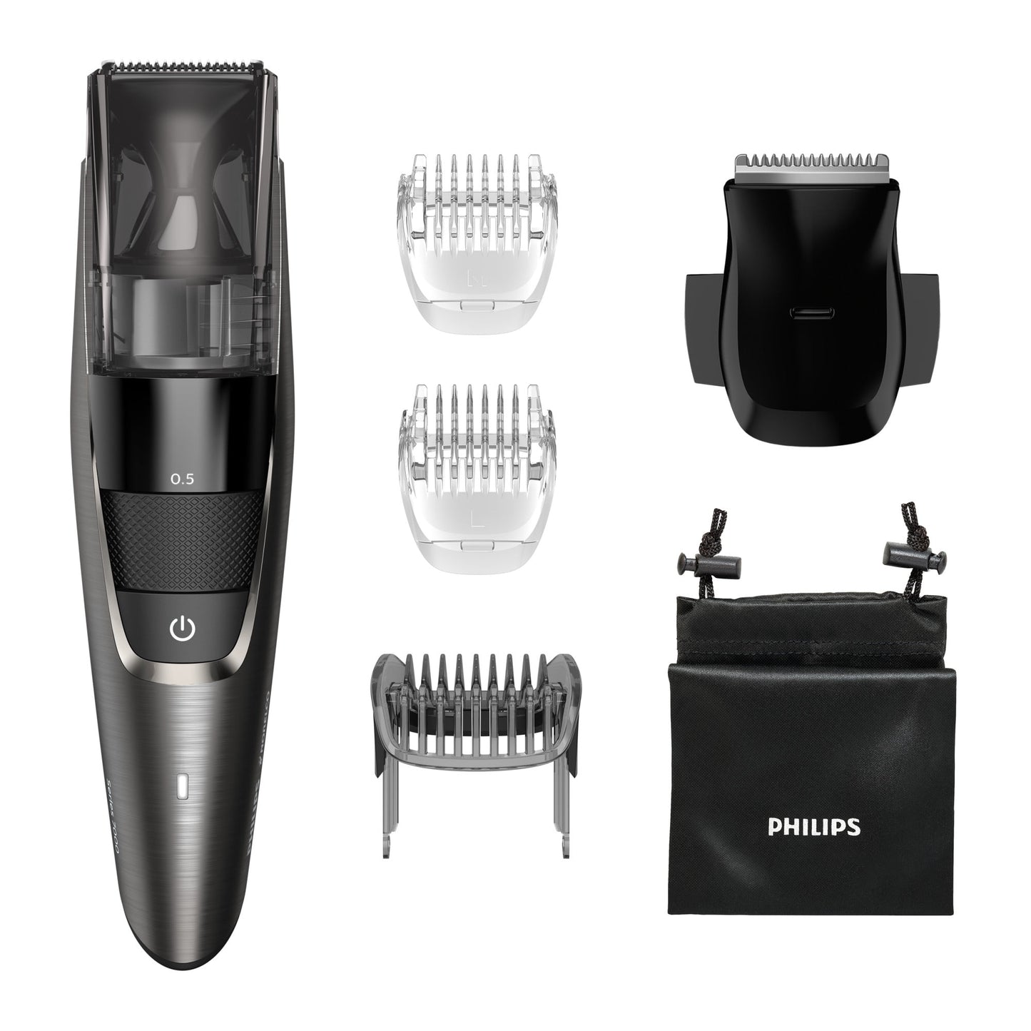 Philips Norelco Beard Trimmer Series 7500, Premium Beard Trimmer with Power Vacuum, Steel Blades, Ergonomic Easy Grip, Cordless, and Washable Features - No Blade Oil Needed - Bt7517/49.