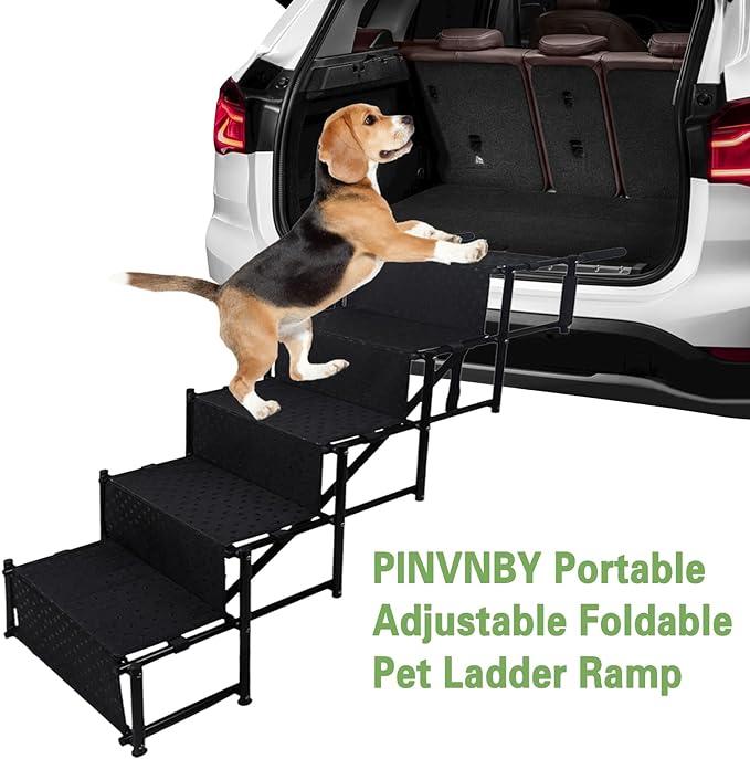 PINVNBY Dog Car Stairs for Large Dog Adjustable Folding Dog Ladder Portable Lightweight 5 Steps Dog Car Stairs with Non-Slip Surface for Cars and SUV, sedans, Jeeps,Trucks, Supports up to 150 lbs