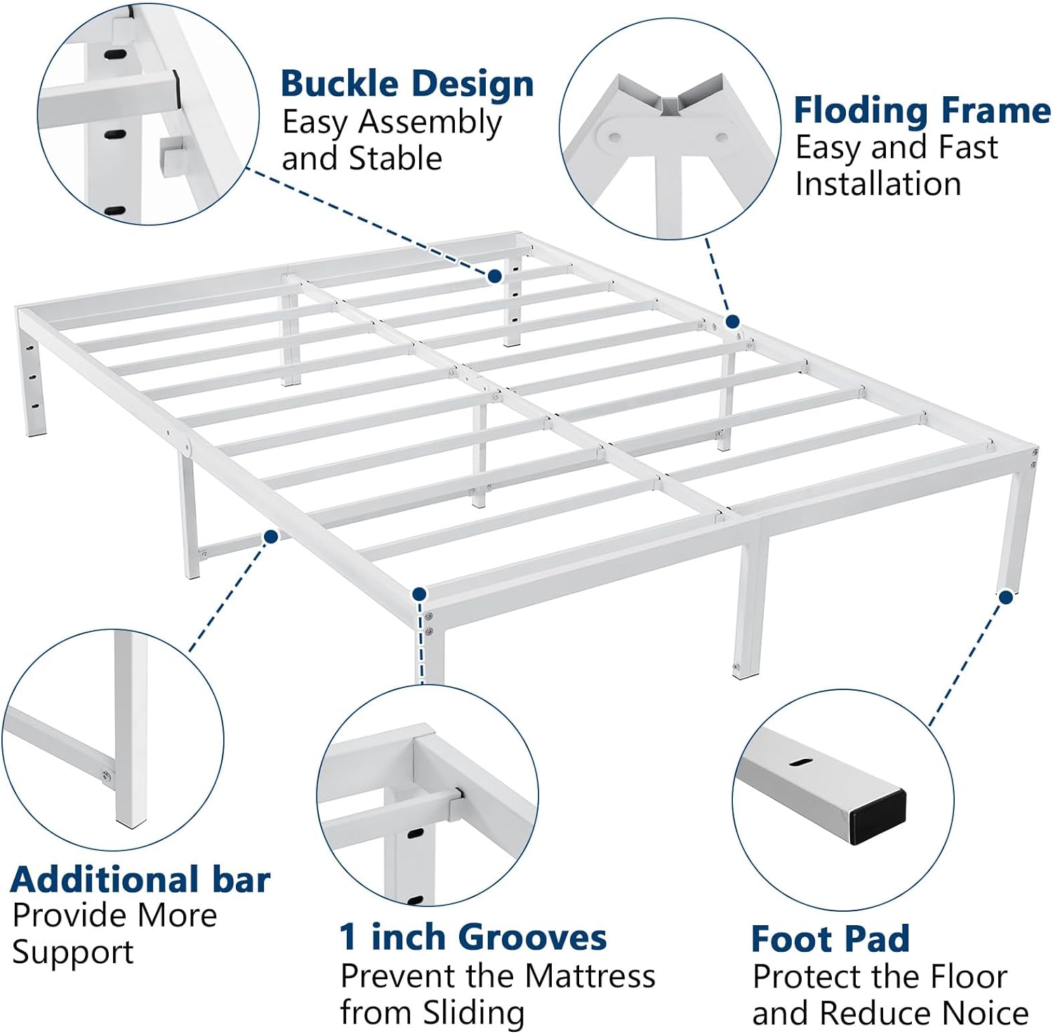 LUSIMO 14 Inch Full Bed Frame with Storage Heavy Duty Tall Metal Platform Bed Frame with Steel Slats No Box Spring Needed Noise Free Anti Slip White