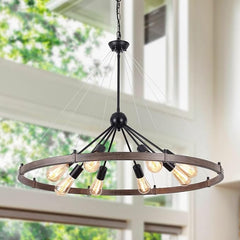 LWYTJO 8-Lights Wagon Wheel Chandeliers for Living Room Diam 35.43'', Farmhouse Round Retro Metal Ceiling Pendant Light Fixture for Dining Room Entryway Foyer Kitchen, Vintage Wood Grain Finishe