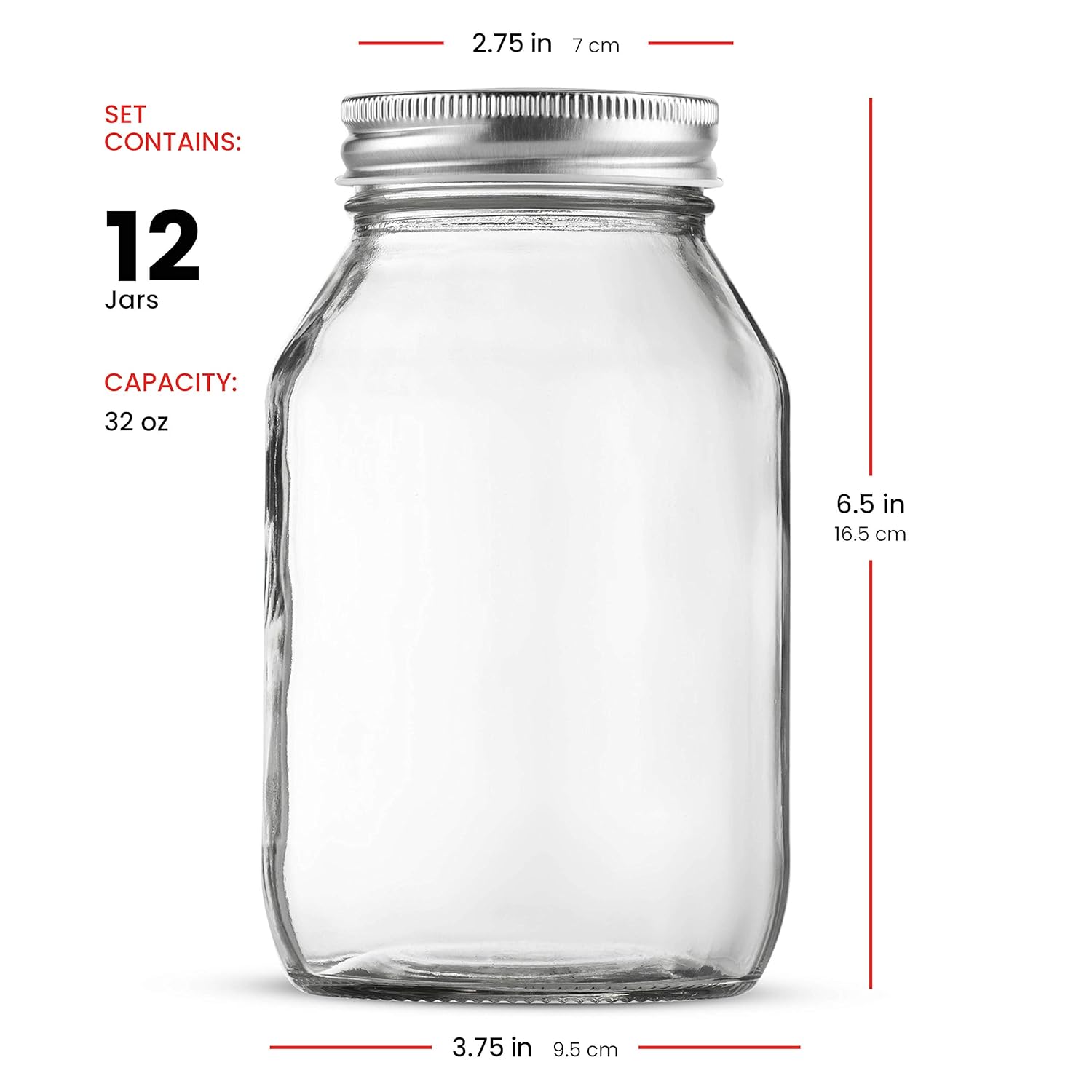 Glass Regular Mouth Mason Jars, 32 Ounce (12 Pack) Glass Jars with Silver Metal Airtight Lids for Meal Prep, Food Storage, Canning, Drinking, Overnight Oats, Jelly, Dry Food, Spices, Sa