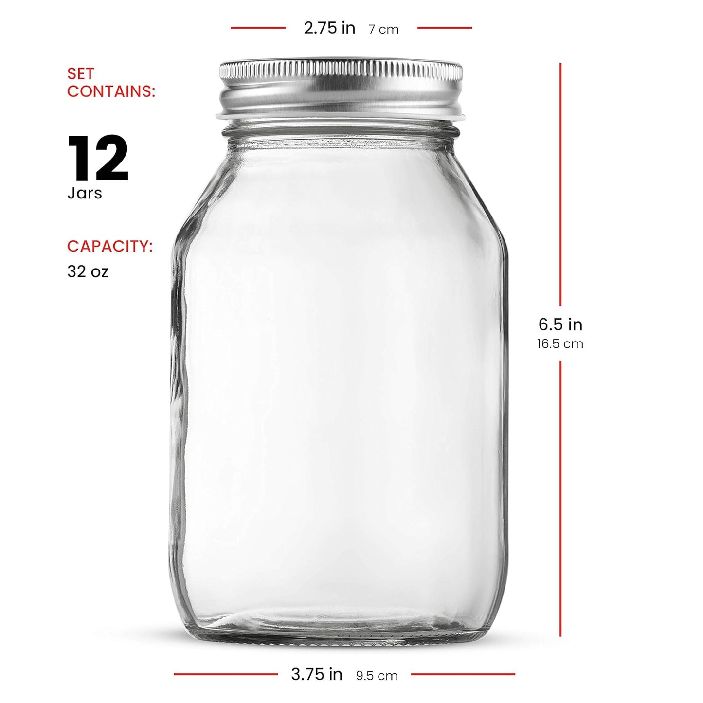 Glass Regular Mouth Mason Jars, 32 Ounce (12 Pack) Glass Jars with Silver Metal Airtight Lids for Meal Prep, Food Storage, Canning, Drinking, Overnight Oats, Jelly, Dry Food, Spices, Sa